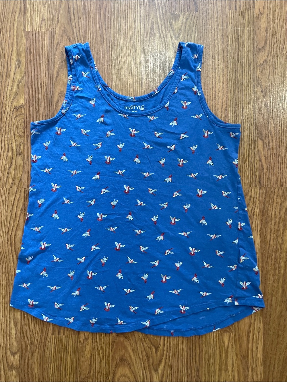 MyStyle women’s medium tank top, bird print, cotton, royal blue